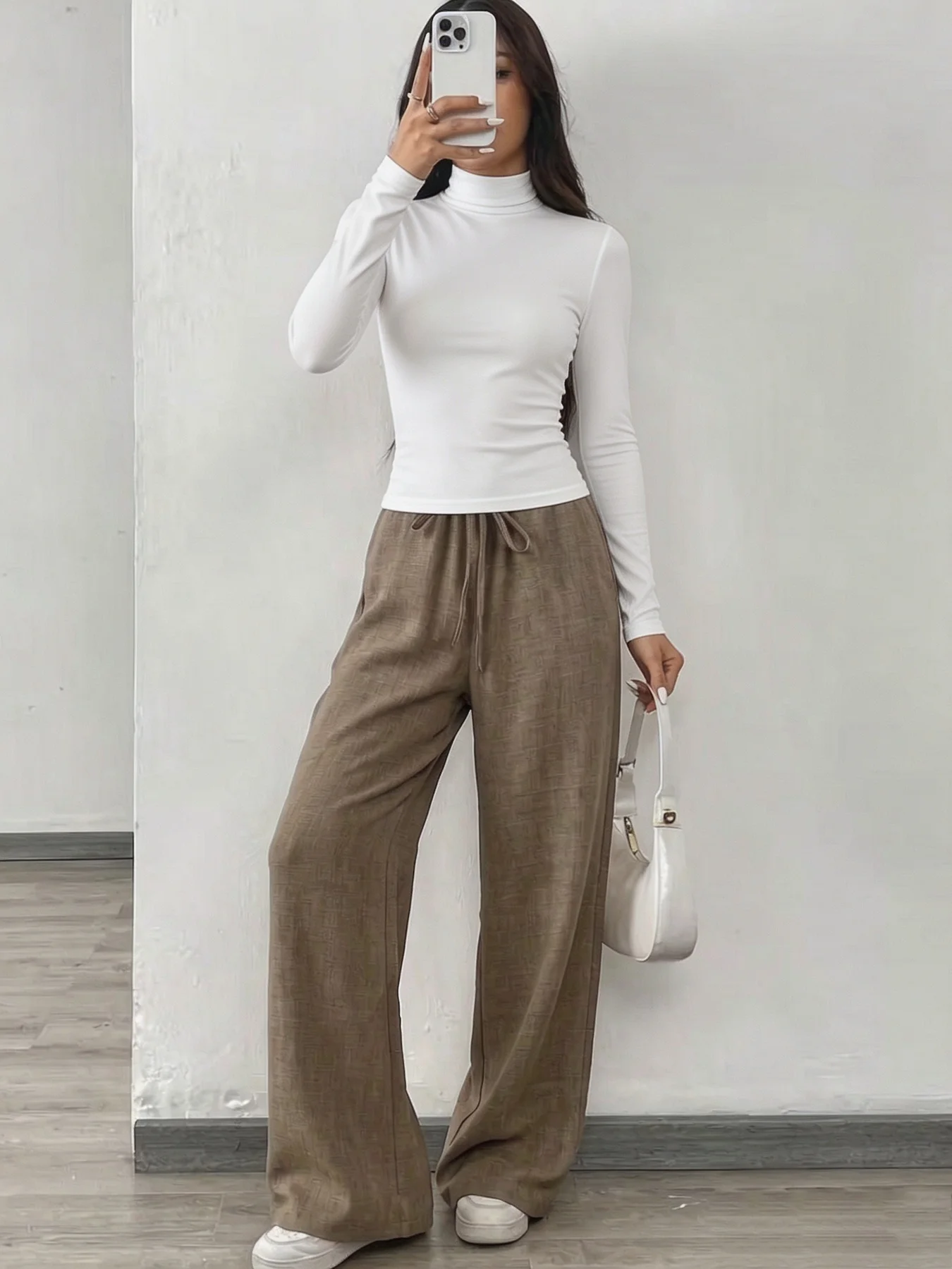 Women's Comfortable High Neck Solid Color Long Sleeve T-Shirt Top with Waist Cinch + Drawstring Wide Leg Pants Long Suit Set