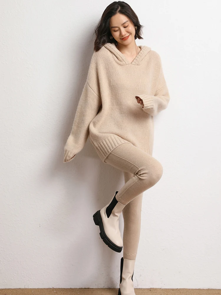 100% Cashmere Women High Waist Leggings elasticity Slim Pants Autumn Winter Basic Leggings Thick Warm Cashmere Knit Trousers