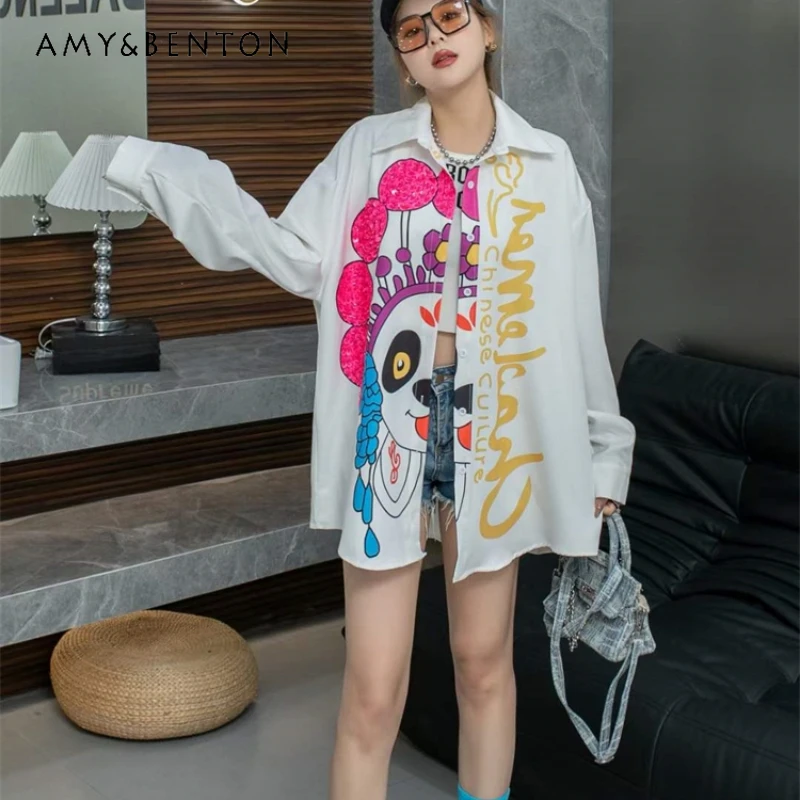 

Fashion Personalized Printed Shirt Jacket Women's Mid-Length Loose Heavy Embroidery Sequins Casual Streetwear Cool Coat Summer