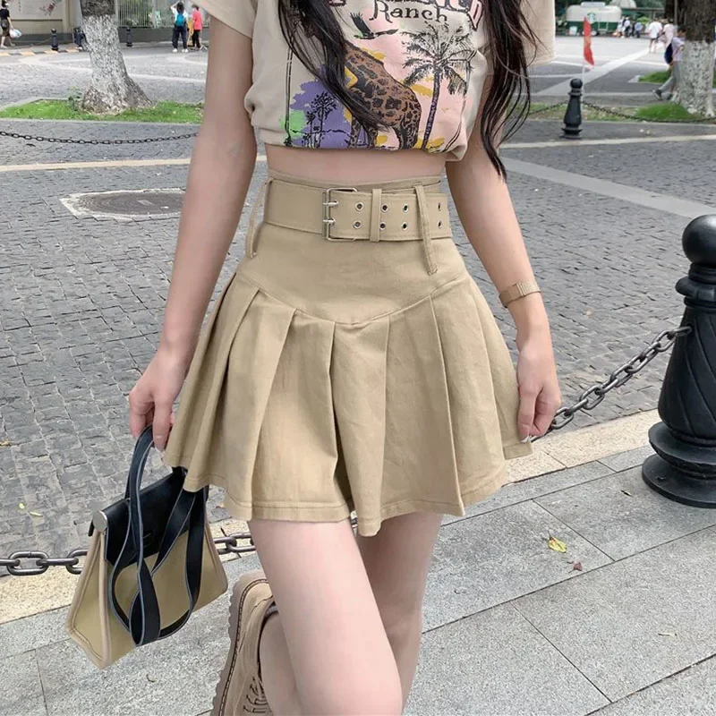 

2024 High Waist Pleated Skirts Women Summer Khaki Black with Belt A-Line Skirt Woman All-Match Streetwear Mini Skirt C39