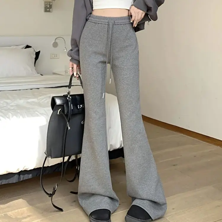 

H.sa Velvet and thickened casual sweatpants for women autumn and winter new drawstring high waist slimming micro-flared pants