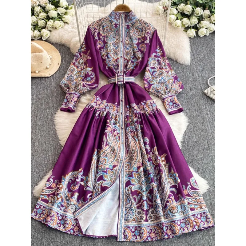 الرجعية المحكمة الأوروبية الوقوف طوق واحدة الصدر زر جرس كم الخصر Cinching مطوي التخسيس طويل طباعة ألف خط فستان #1