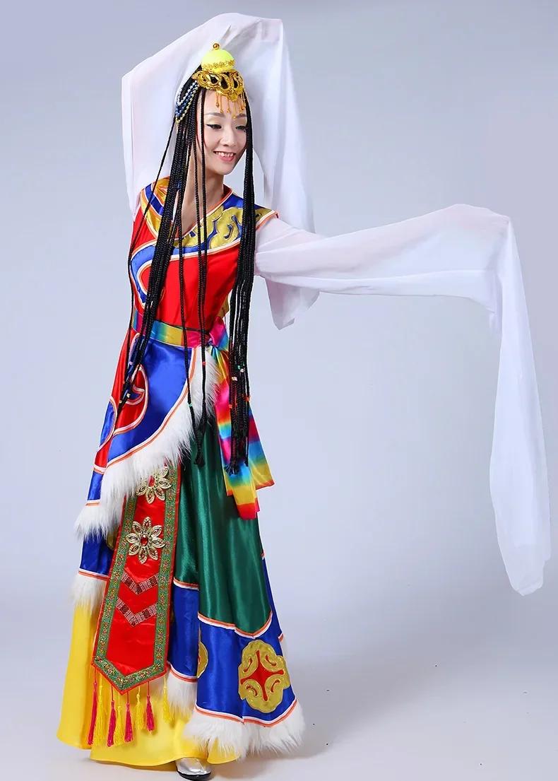 Trajes de dança tibetana chinesa tradicional feminino dança nacional palco desempenho clássico mongol traje festival outfit