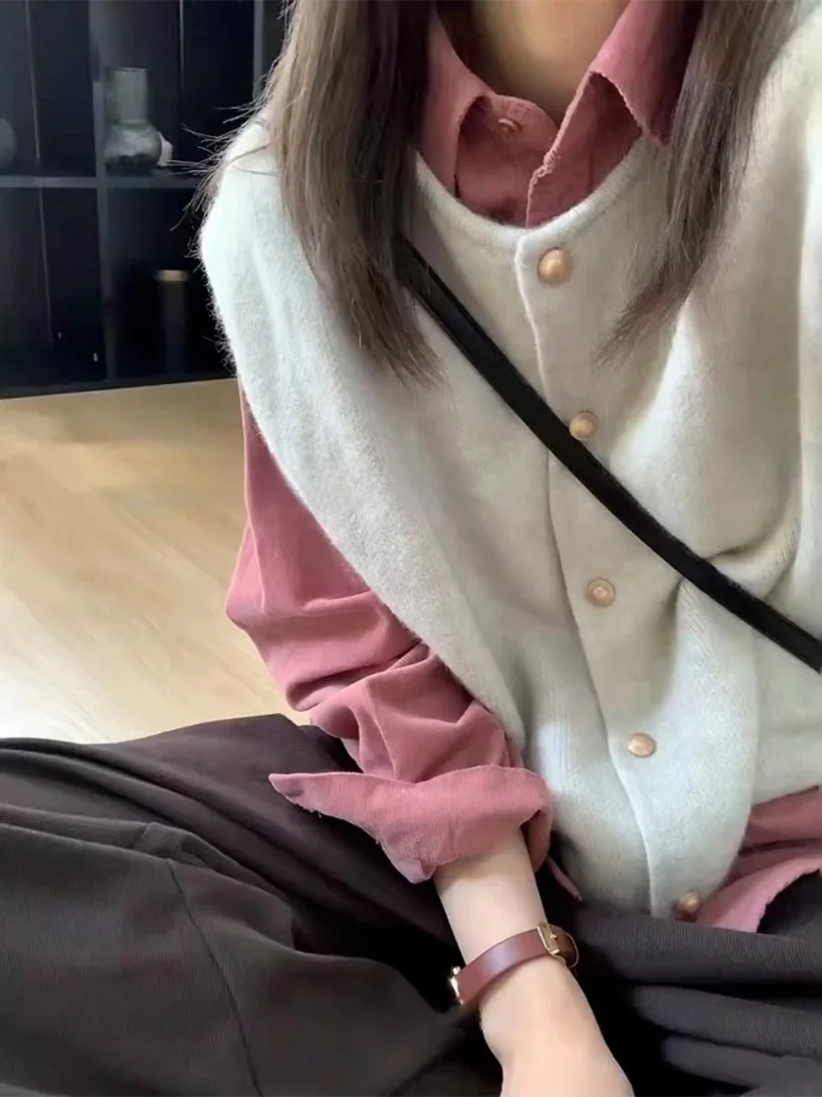 plus Size Women's Vest Shirt Autumn Winter New Chic Retro Hong Kong Style Outerwear Sweater Commute Style Single Button Closure