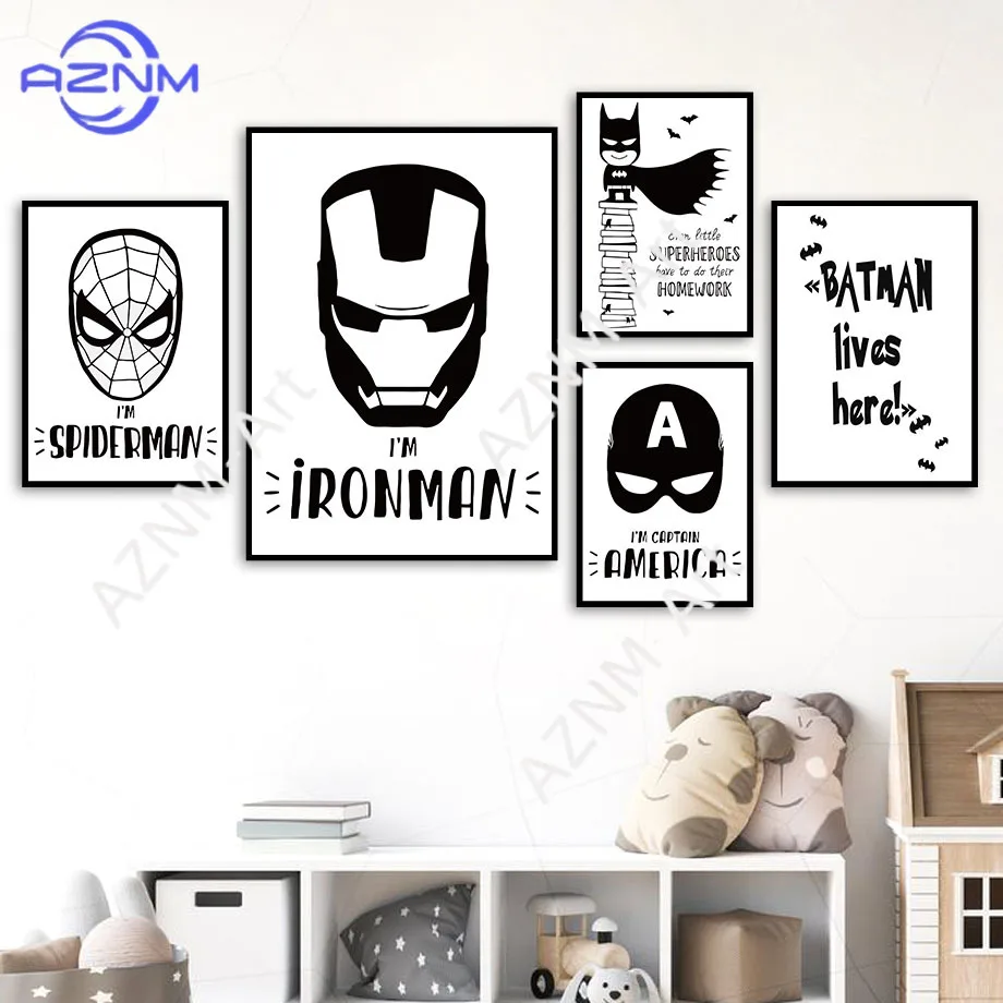 Wall Art Canvas Painting Bat Comic Black White Superhero Movie Nordic Posters And Prints Boy Kids Pictures Baby Kids Room Decor