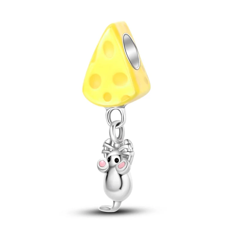 Original 925 Sterling Silver Cheese Mouse Charms Beads CZ Zircon Dangle For Women Fine DIY Birthday Jewelry Gifts