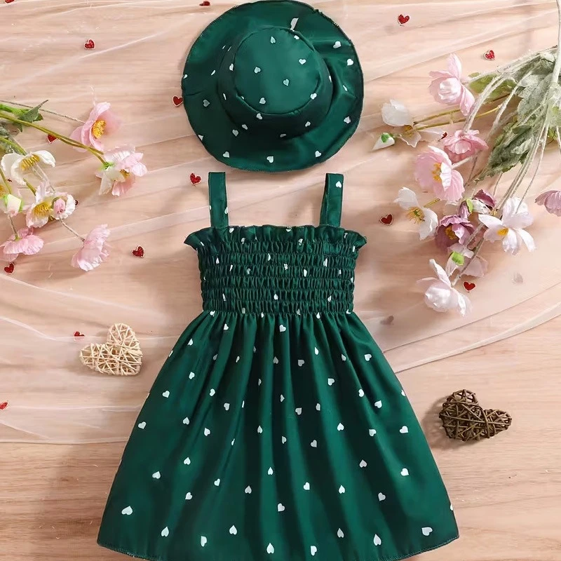 Newborn To 3-year-old Girl Summer Two-piece Heart-shaped Printed Sleeveless Dress with Princess Hat