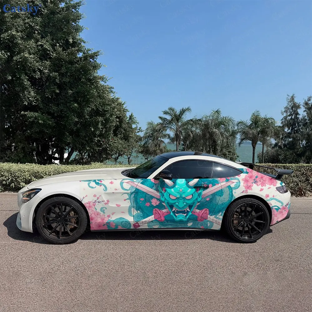 

2 шт. виниловых наклеек на автомобиль с изображением синего дракона Они и сакуры, прочные, устойчивые к выцветанию, улучшающие эстетику автомобиля, с ярким художественным дизайном