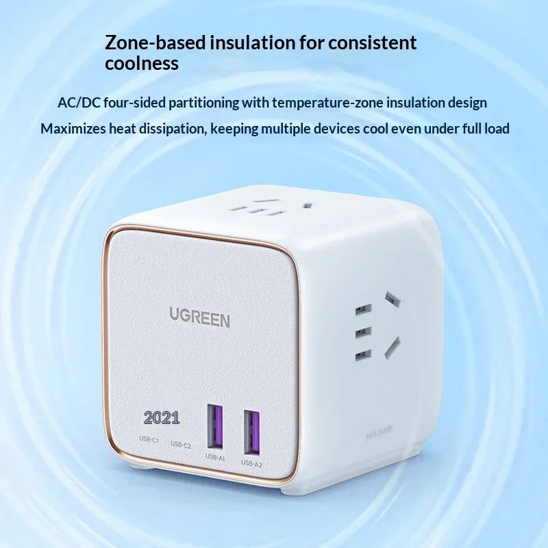 UGREEN 40860 GaN Power Strip 65W 2 USB-C 2 USB-A 3 AC Outlets 1.8m Cord PPS PD Fast Charging with Switch for Laptop Phone Tablet