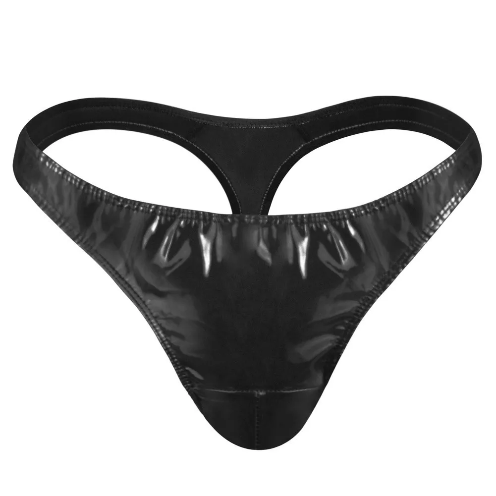 Low Waist Mens Faux Leather Thong Underwear Hollow Cutout Back Design Elastic Soft Waistband Shiny T Back Briefs For Club