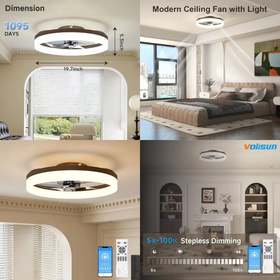 

Low Profile Ceiling Fans with Lights and Remote, 19.7in Fandelier Ceiling Fan with Light, 3000K-6500K Dimmable Bladeless LED Fa