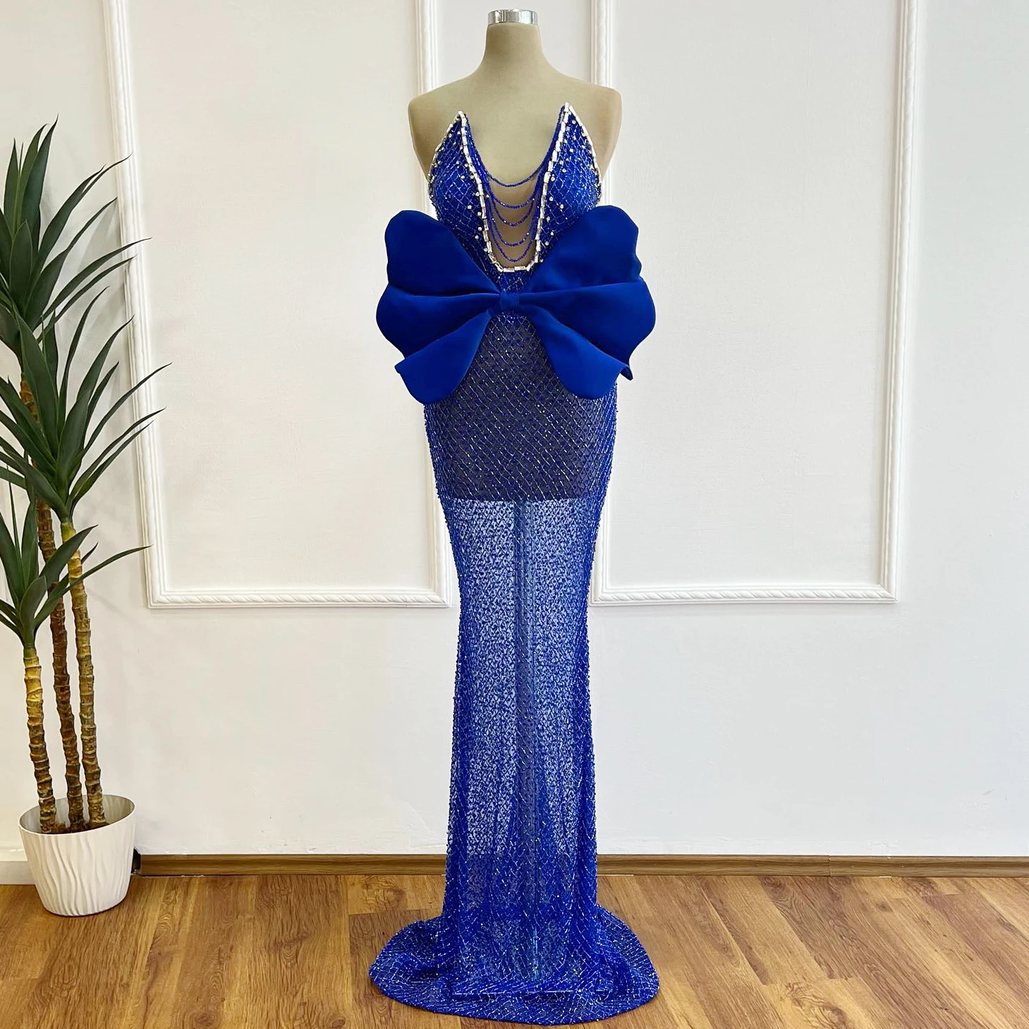 Vestido de noche de sirena con cuentas de lujo, escote en V profundo, azul, con lazo grande, lentejuelas transparentes, vestido de boda de cristal, se puede personalizar