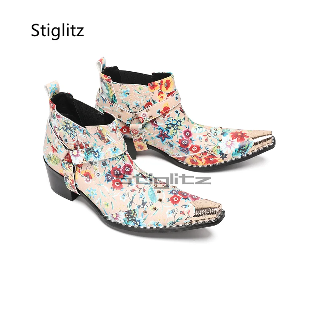 Floral Print Western Chelsea Boots Men Metal Pointed Toe Block High Heels Buckle Strap Retro Cowboy Short Boots Male Shoes