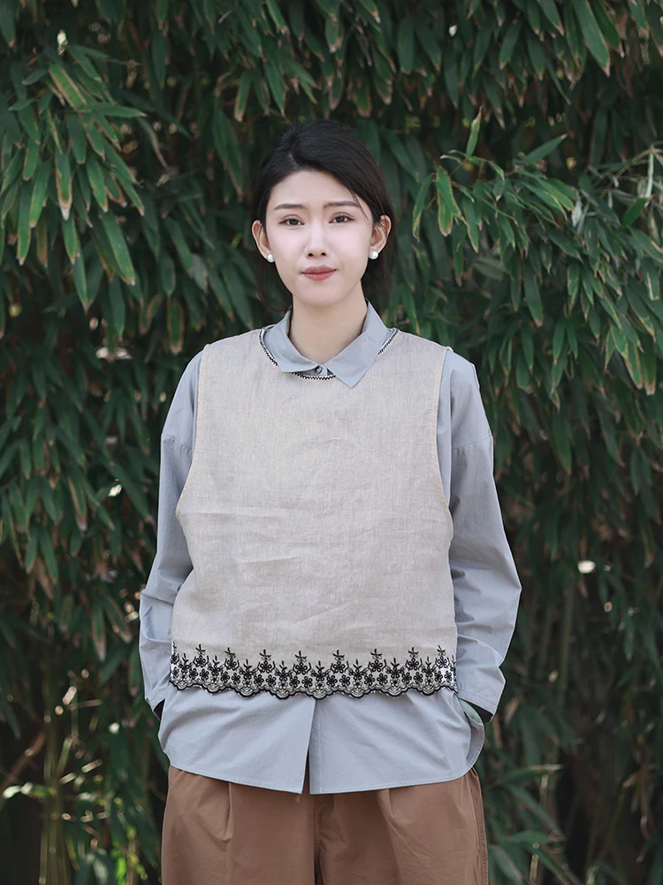 

Artistic Linen Cotton Vest Top Svel round Ne Casual Sle Double Layered Raindrop Design Comfortable Women's Jaet