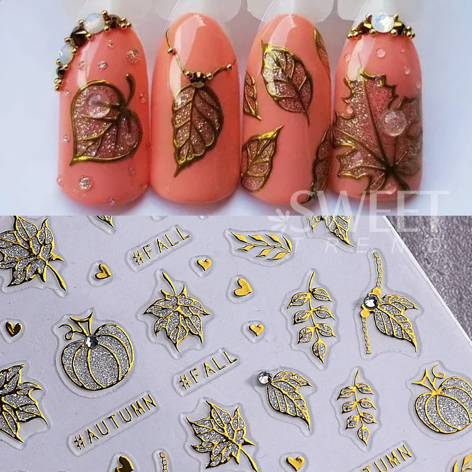 Autocollant pour ongles, feuilles d'érable citrouille d'automne, avec strass, ligne métallique, paillettes argentées, curseur, décoration de manucure, 2 pièces