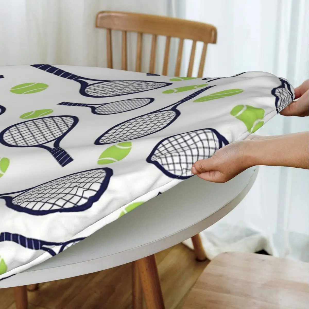 Tennis Racket And Ball Waterproof Round Tablecloth Oilproof Table Cloth for Kitchen Events Dining Table Cover