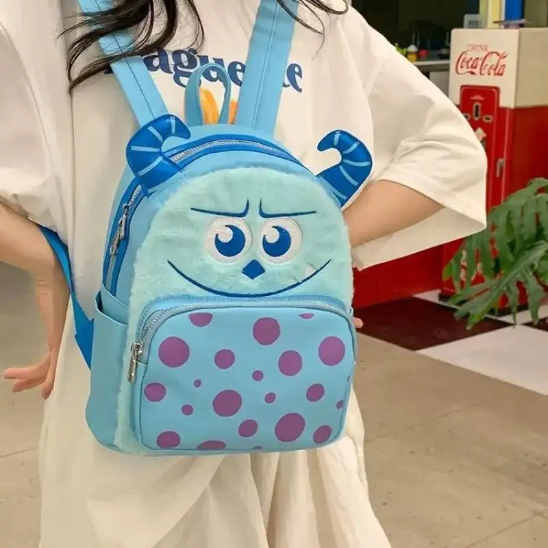 26Cm 디즈니 몬스터 대학교 제임스 P. 설리반 PU 가죽 플러시 백팩 더블 레이어드 스토리지 대용량 학생 선물