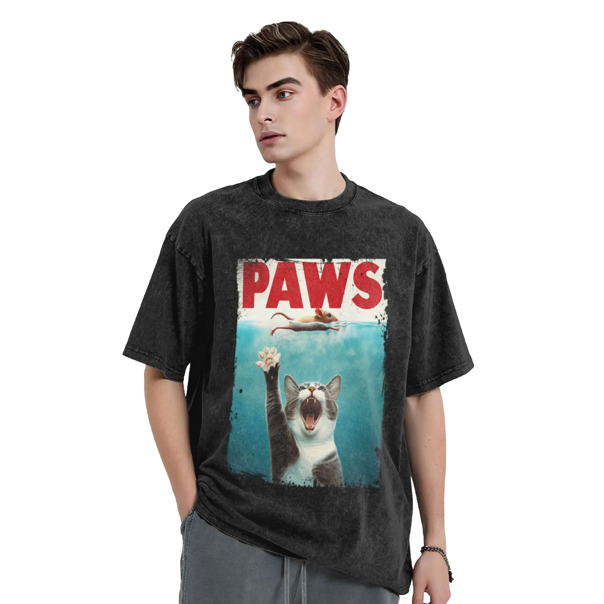 Jaws - Paws  funny cat catching a mouse Unique Stylish A Vintage Oversized Cotton Unisex T-Shirts