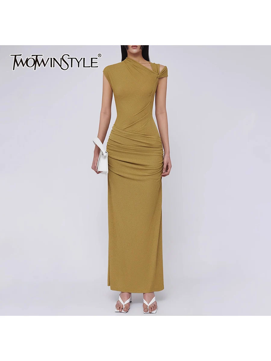 

TWOTWINSTYLE Solid Spliced Folds Slimming Dresss For Women Diagonal Collar Sleeveless High Waist Temperament Long Dress Female