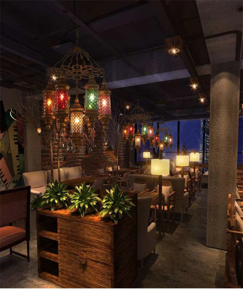 Loft industriale lampadario in ferro bronzo retrò lampada turca ristorante sud-est asiatico Bar Hotel apparecchio di illuminazione in vetro colorato