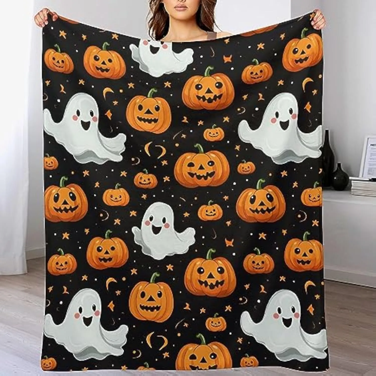 Flannel Fleece Blanket Throw Soft Warm Fluffy Plush Blanket Spider Webs Witch's Hat Black Bats and Decorated