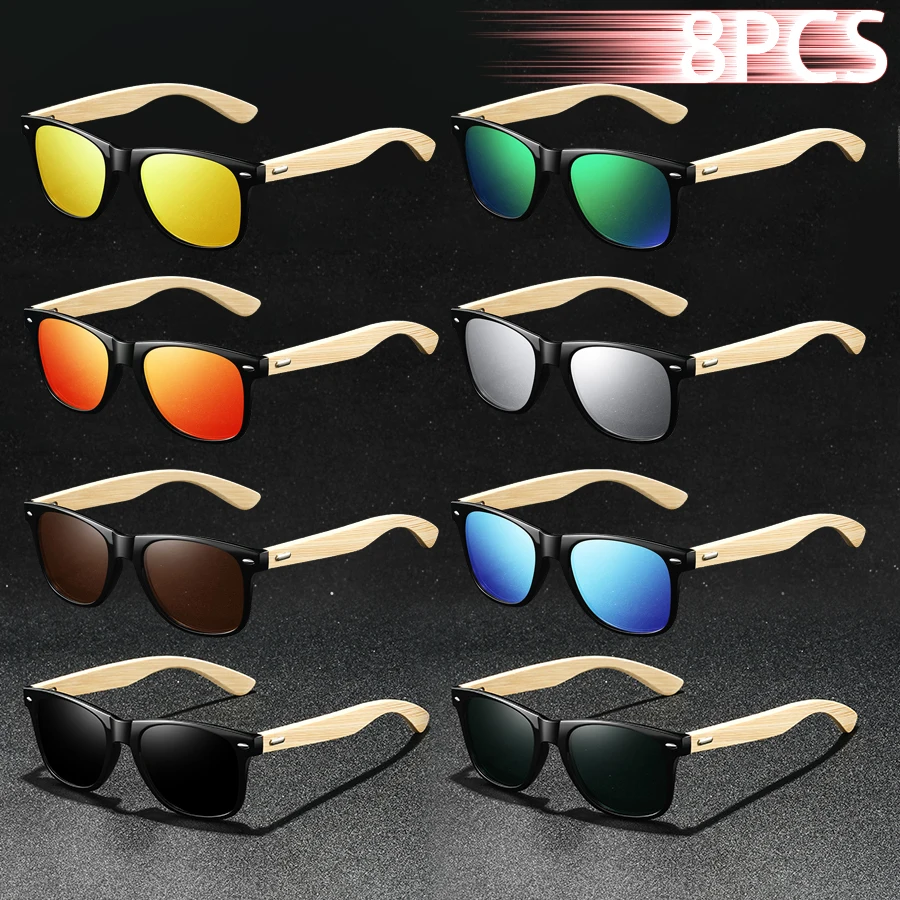 

8 PCS Fashion Vintage Bamboo Wood Square Sunglasses Men Women Luxury Brand Designer Sun Glasses Driving Fishing UV400 Eyewear