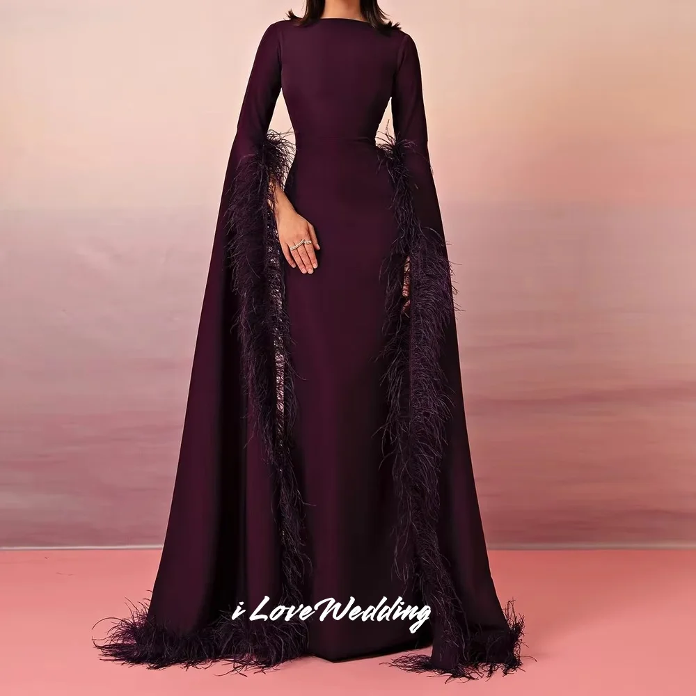 

Purple O-Neck Evening Dresses 2025 Long Sleeve Feather Mermaid Floor-Length Sweep Train Pleated Wedding Party Dresses Customized