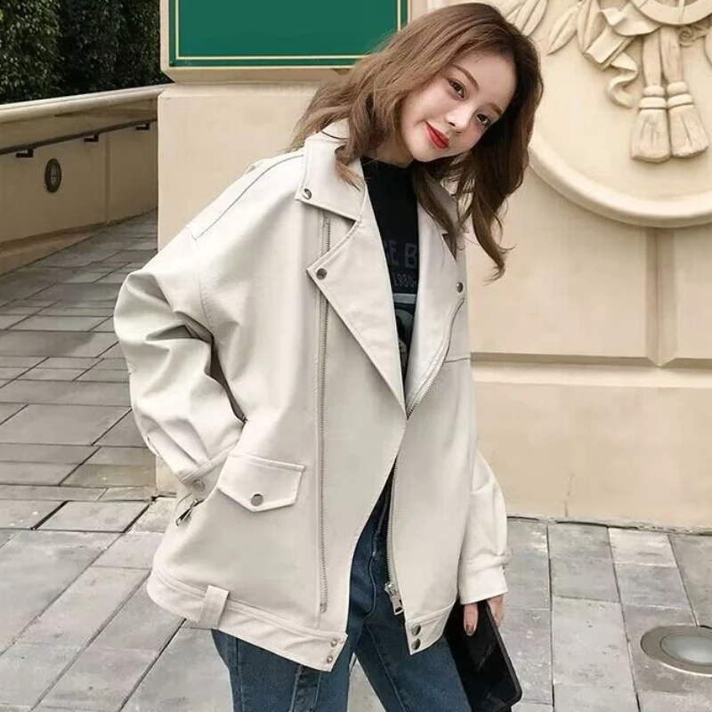 

2023 Autumn Women Faux Leather Jacket Female Soft PU Outerwear Casual Oversized Solid Color Loose Motorcycle Biker Leather Coat