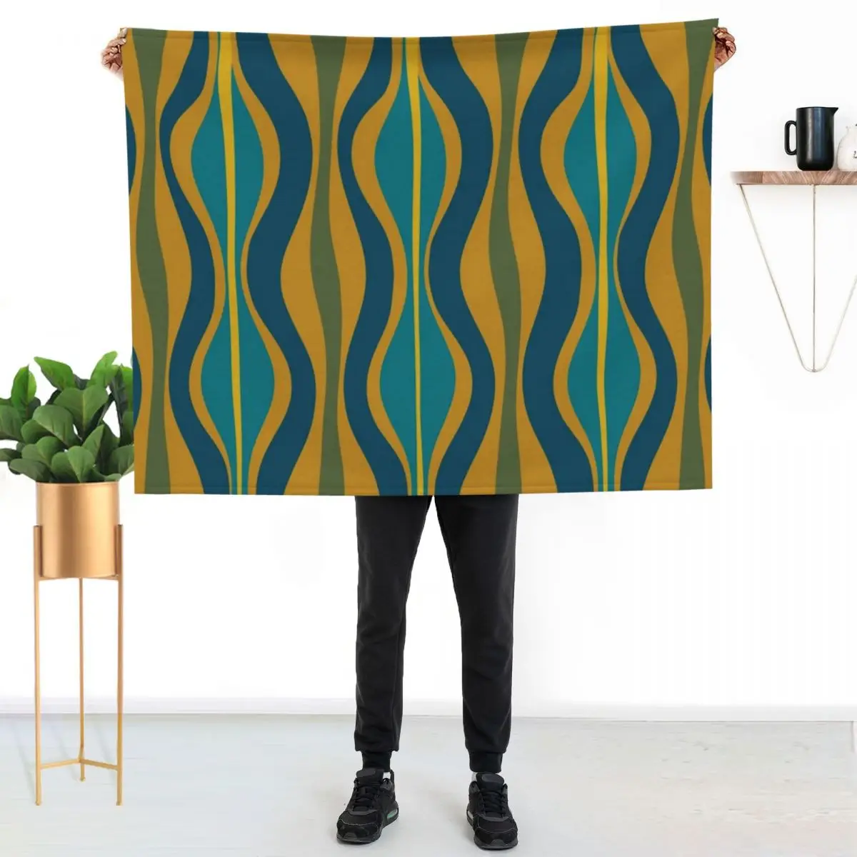 

Hourglass Mid-Century Modern Abstract Retro Pattern in Moroccan Blue, Green, Teal, and Mustard Throw Blanket