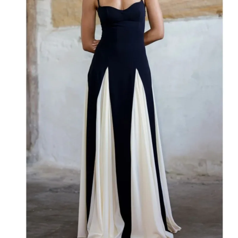 Black And White Patchwork Spaghetti Strap Drape Pleated Maxi Dress Show Style Women Fashion Splicing Sexy Elegant Party Dresses