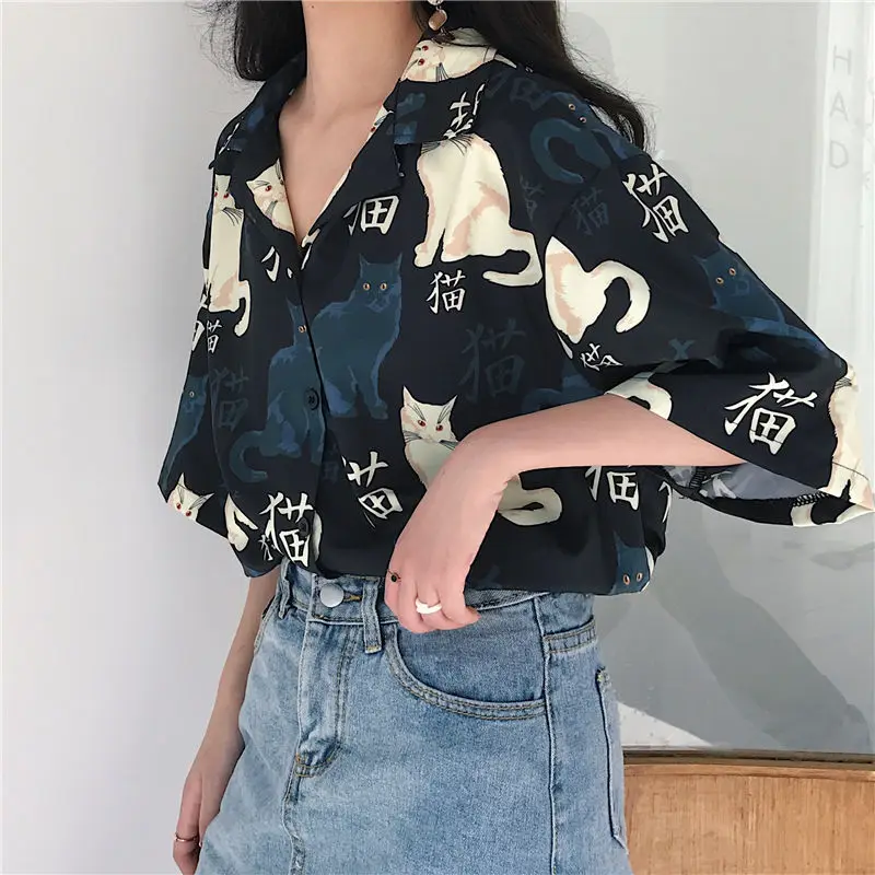 Shirts Women Vintage Cat Printed Korean Basic Loose Chic Design Ladies Clothing Girls Daily College Street All-match Womens Top