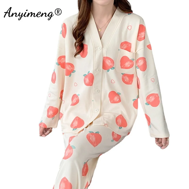 

Kimono V-neck Cardigan Women Pajamas Set Faux Cotton Autumn Winter New Sleepwear Cartoon Homesuit Leisure Pijama Lady Loungewear