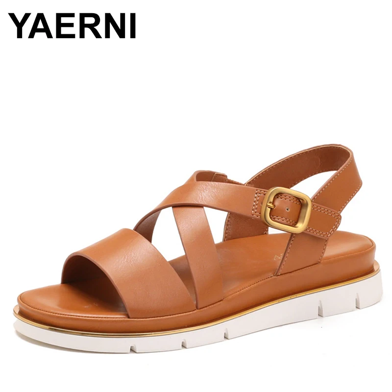 

Женские кожаные сандалии большого размера на плоской подошве, повседневные универсальные летние удобные летние туфли без шнуровки с ремешком на щиколотке в римском стиле на плоской подошве