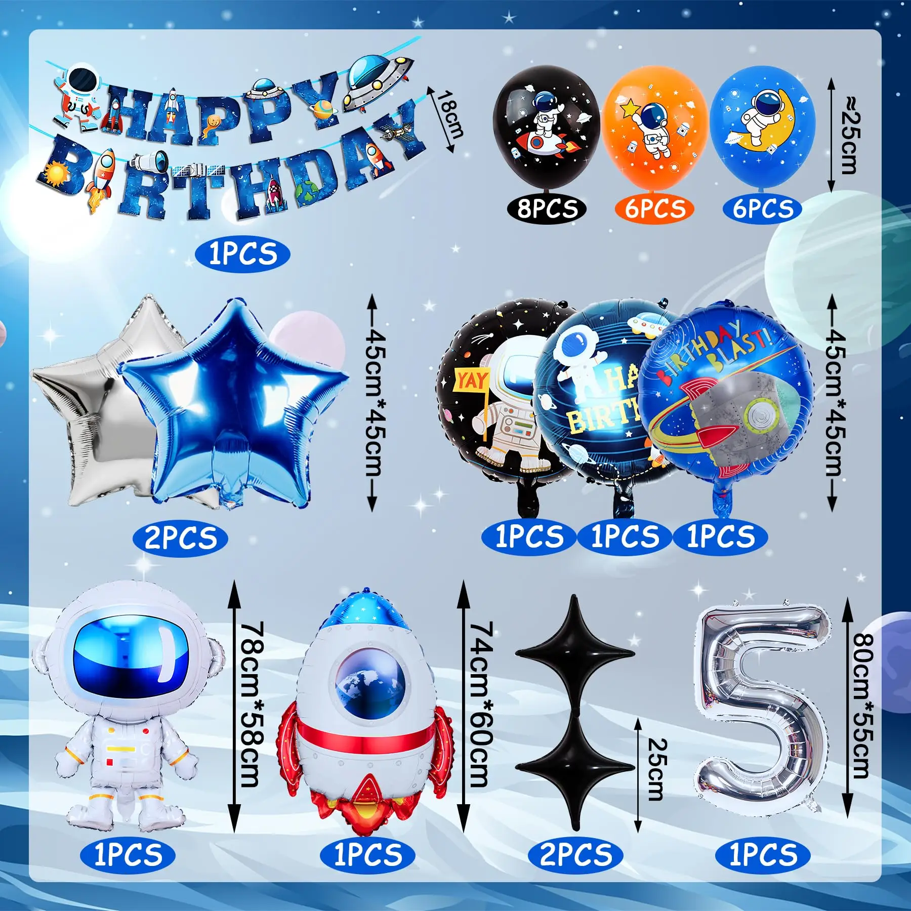 Space Birthday Party Decorations Set, 30 Pieces with Astronaut Balloons, Rocket Ship, Banner, Star Foil Balloons (5 year old)