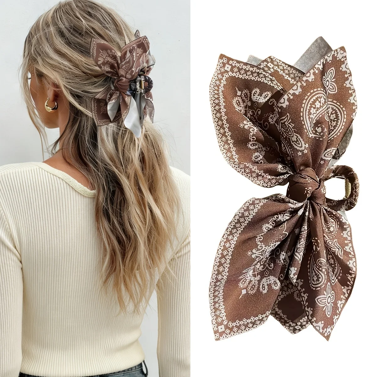 1 piece women's brown cashew-patterned bow hair clip, Bohemian style, large-sized hair claw clip, women's hair accessory
