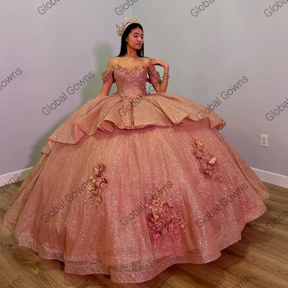 Sparky Rose Gold 3D Flowers Off Shoulder Quinceanera Dress Bead Tiered Princess Ball Gown for Sweet 16 Birthday Party Customized