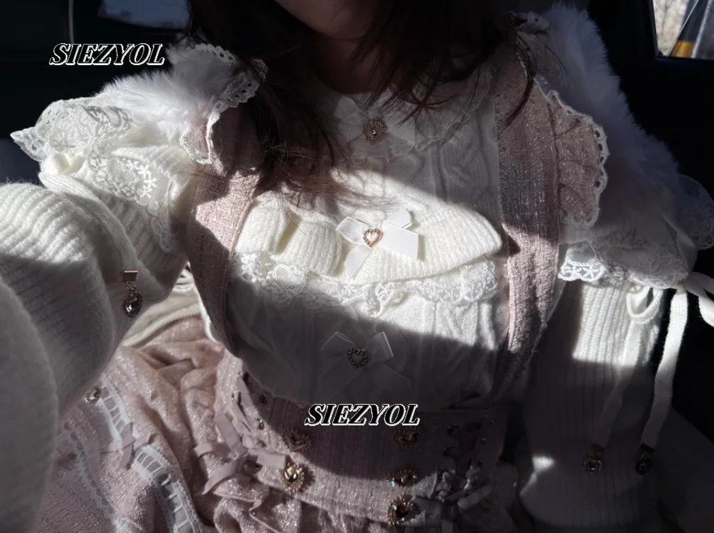 Japanese Style Mass Production New Sweet Knitting Pullover Shirt Lolita Lace Patchwork Bows Off-shoulder Long Sleeves Sweater