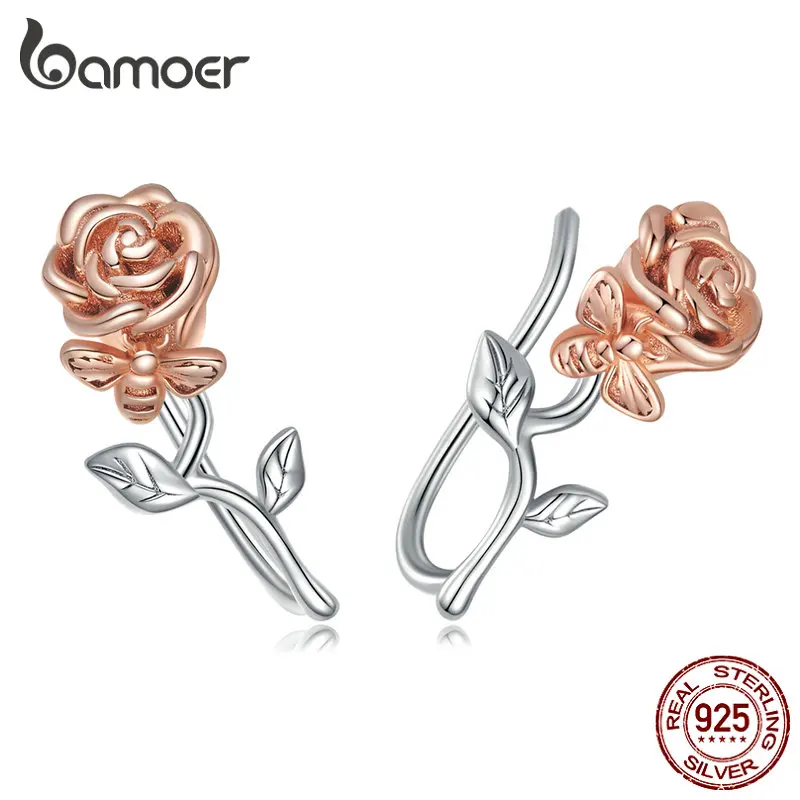 Bamoer S925 Sterling Simple Silver Rose Flower Stud Earring Shine Zircon Earring stud for Women for Girl Party Fine Jewelry Gift