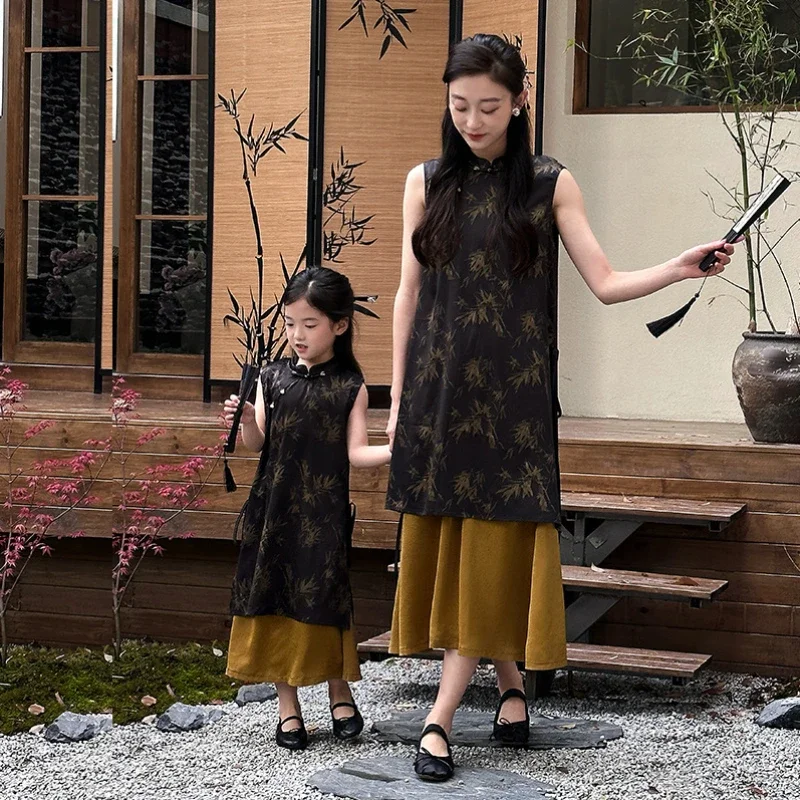 2024 Summer Mother and Daughter Chinese Dress Set for Girl and Mom Equal 2 Pieces Set Mommy and Me Matching Outfit Women Clothes