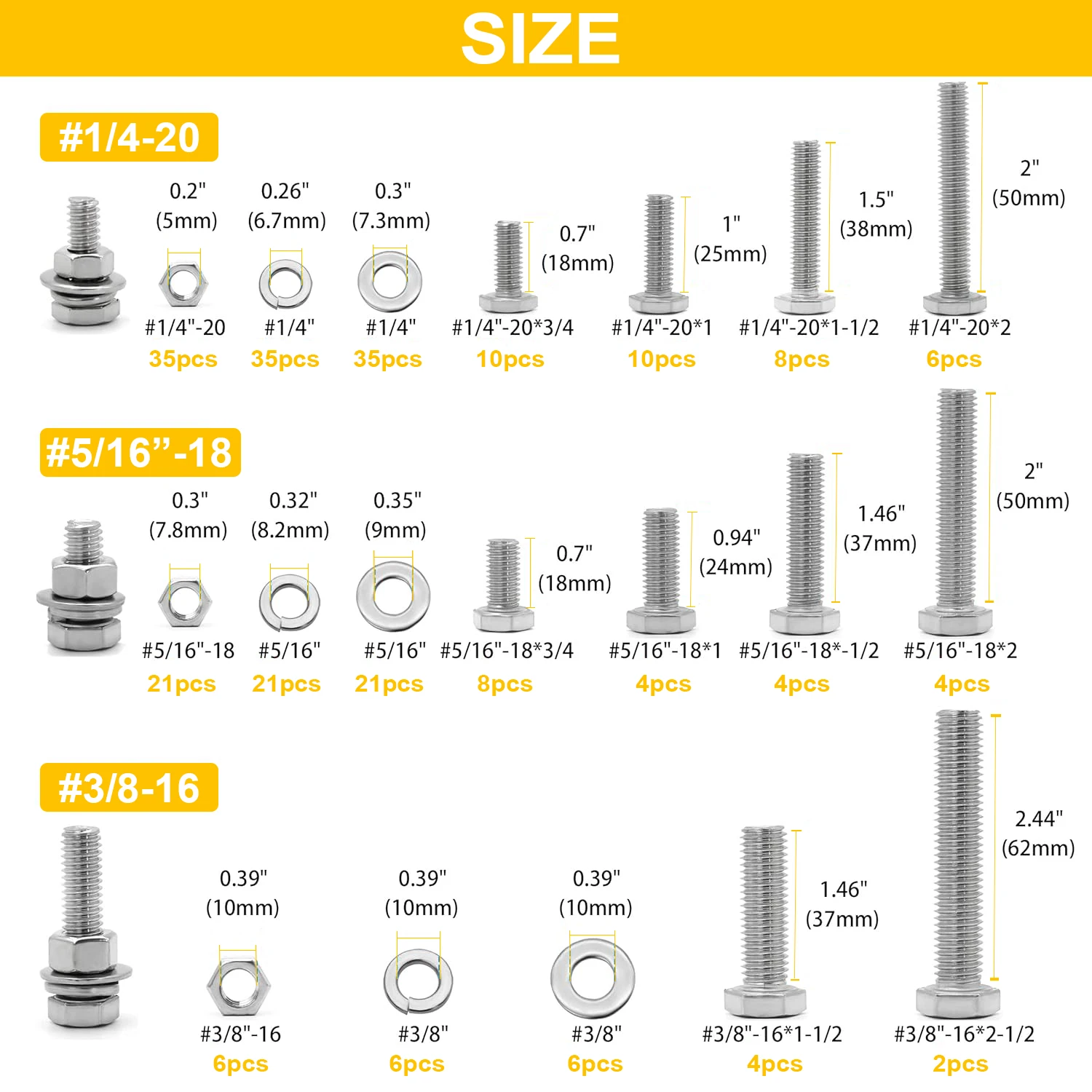 246PCS Hex Head Nuts and Bolts Assortment Kit, Stainless Steel 1/4-20, 5/16-18,3/8-16  , Flat & Spring Lock Washers with Case