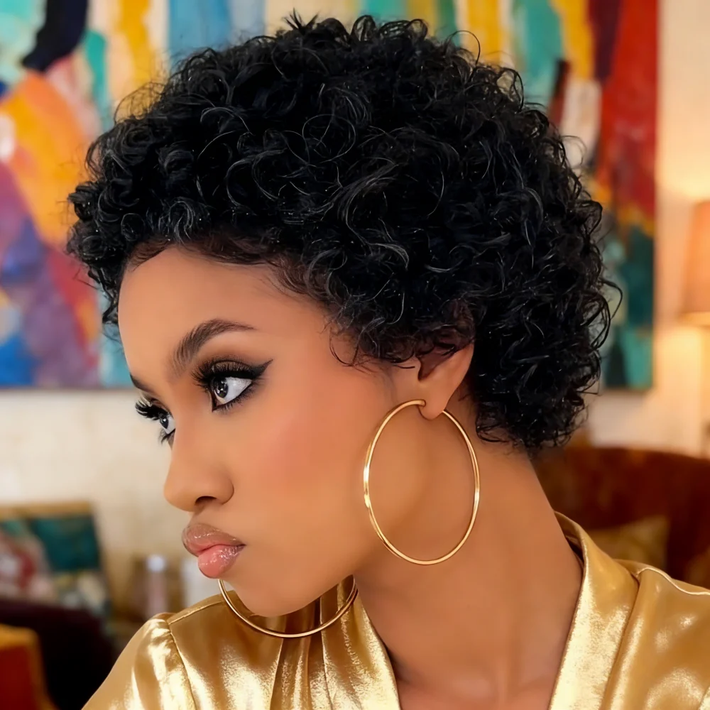 

Натуральная афро-прическа пикси с коротким стрижением, 180% плотность | Шапочка-сетка Curly Styles, полностью машинной работы, подходит для K-pop, для повседневного использования