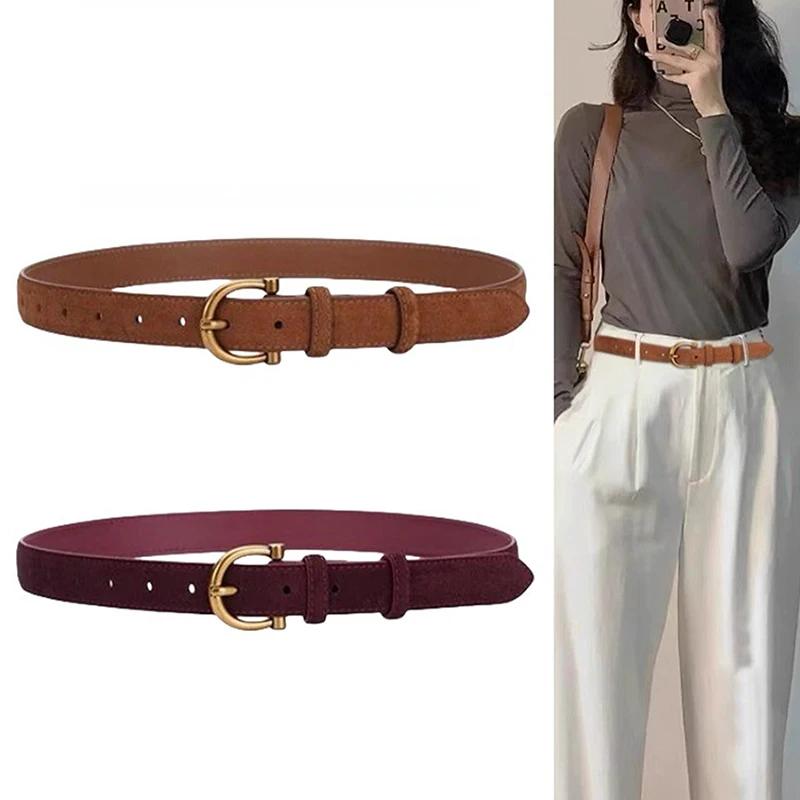 حزام جلد الغزال الفاخر للنساء حزام جلد أنيق الذهب دبوس مشبك جلد البقر ذات العلامات التجارية حزام الملابس والاكسسوارات حزام النساء