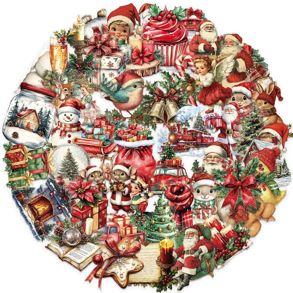 50 Pieces Transparent Cartoon Retro Christmas Sticker Pack - Waterproof Clear PET Decals for Journal, Guitar Notebook Decoration