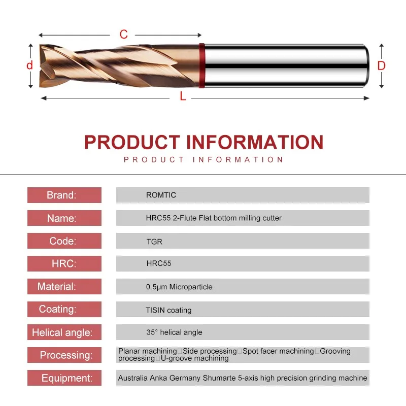 Вольфрамовый стальной Карбид ROMTIC TGR-HRC55 для стального фрезерного резака 2F с цветным кольцевым покрытием CNC механические фрезы с плоским дном инструменты