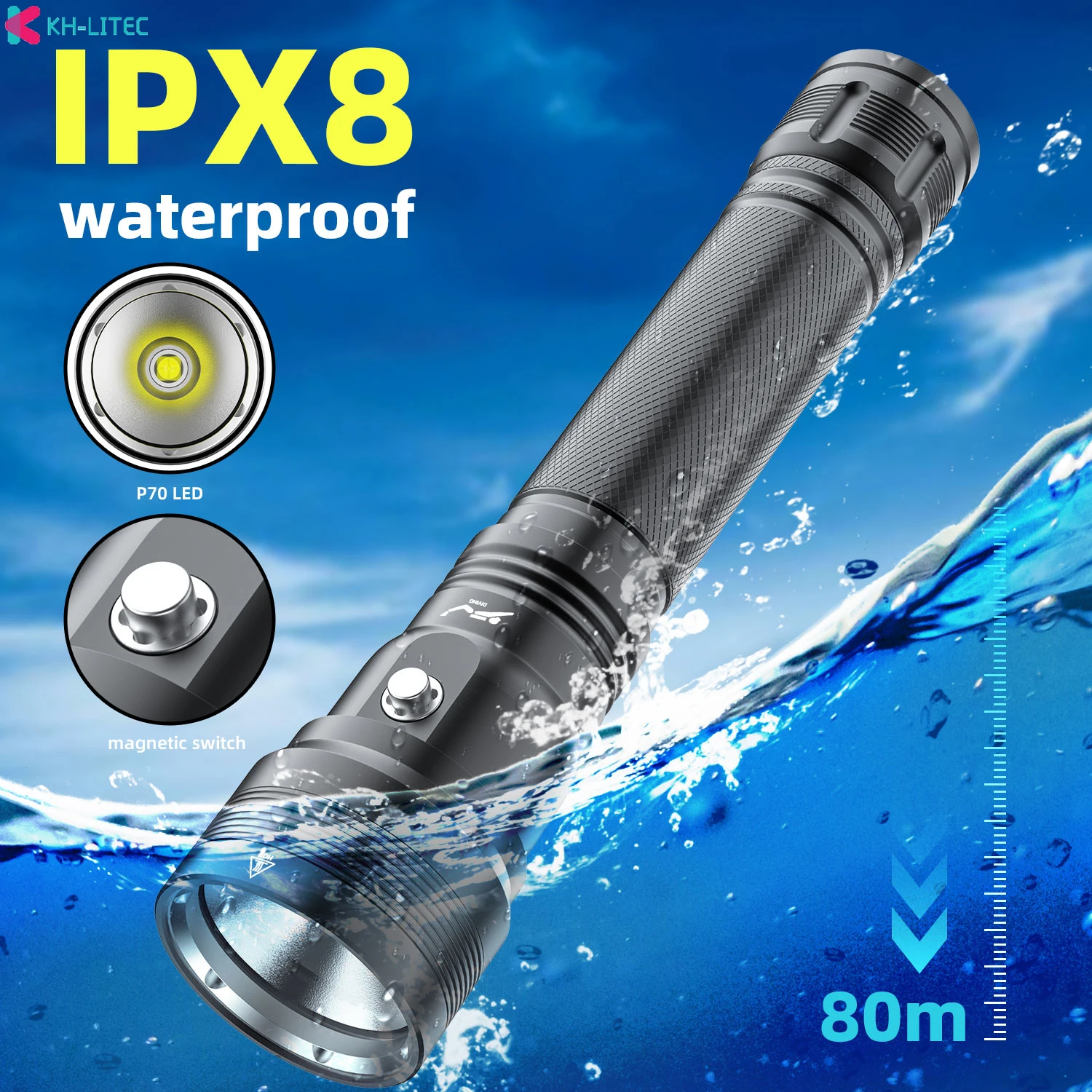 Super Bright XHP70.2 Diving Flashlight IPX8 Highest Waterproof Rating Professional Dive Light Powered By 26650 Battery Hand Rope