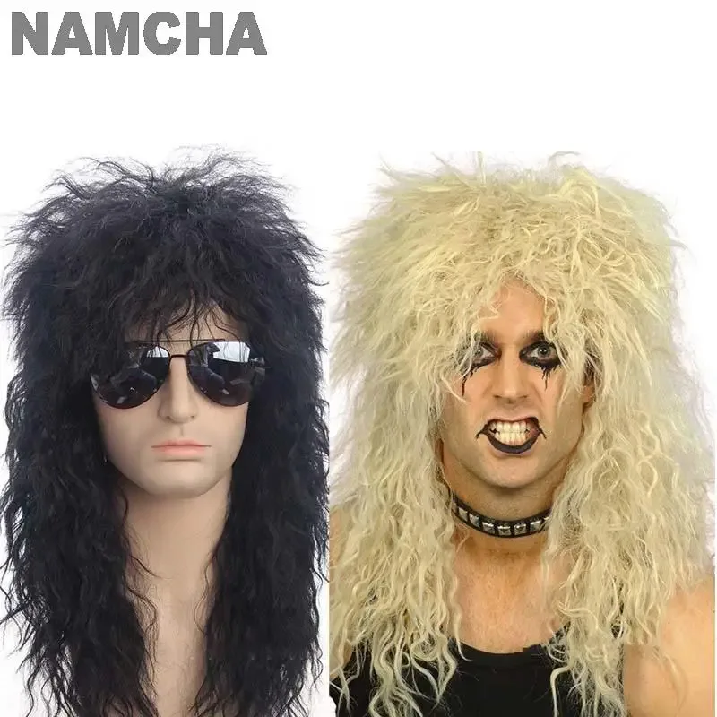 

Funny Halloween 70s 80s Disco Rocker Cosplay Wig Men Women Long Curly Black Gold Rocker Costume Mullet Wigs