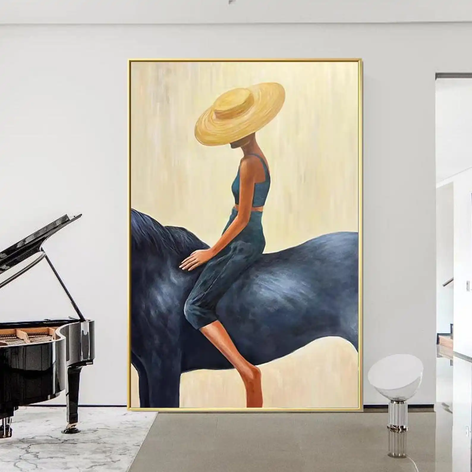 Mhemyo Impressionist Lady and Horse Hand Painted Oil Painting on Canvas Abstract Horse Riding Canvas Wall Art Modern Home Dec