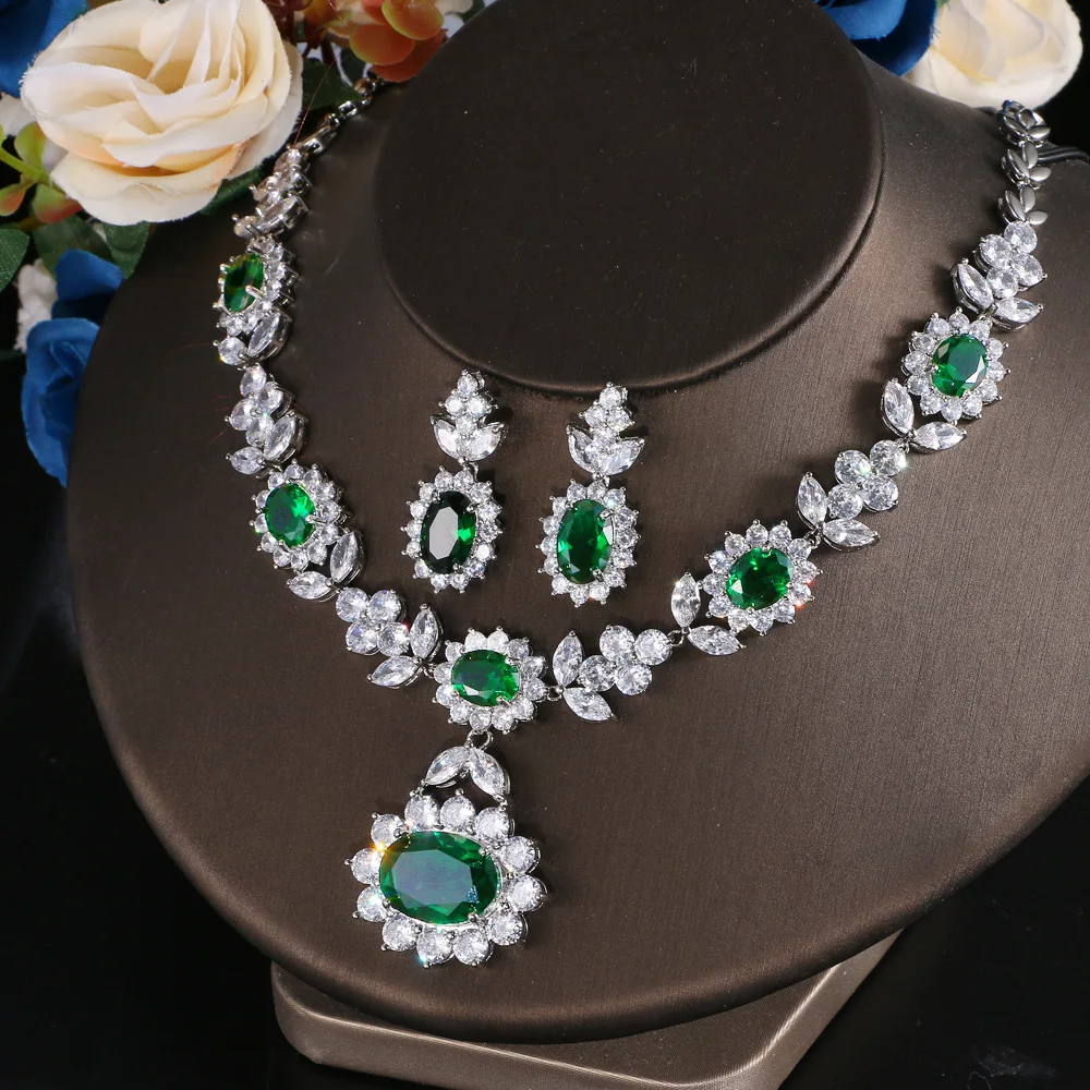 Luxury Emerald Green Necklace and Earring Set Shininy Cubic Zirconia Jewelry Set for Women Bridal Jewelry Set Gift Envio Gratis