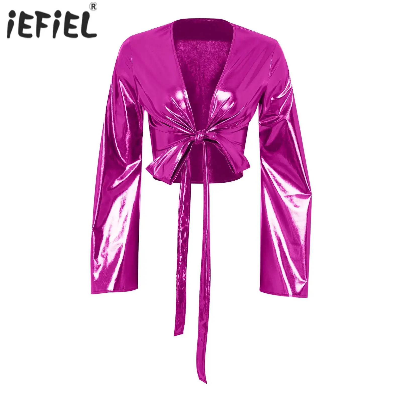 Womens Lace-Up Wrap Metallic T-shirt Tops Clubwear Long Flared Sleeves Crop Top Cover Up Workout Dance Costume Yoga Fitness