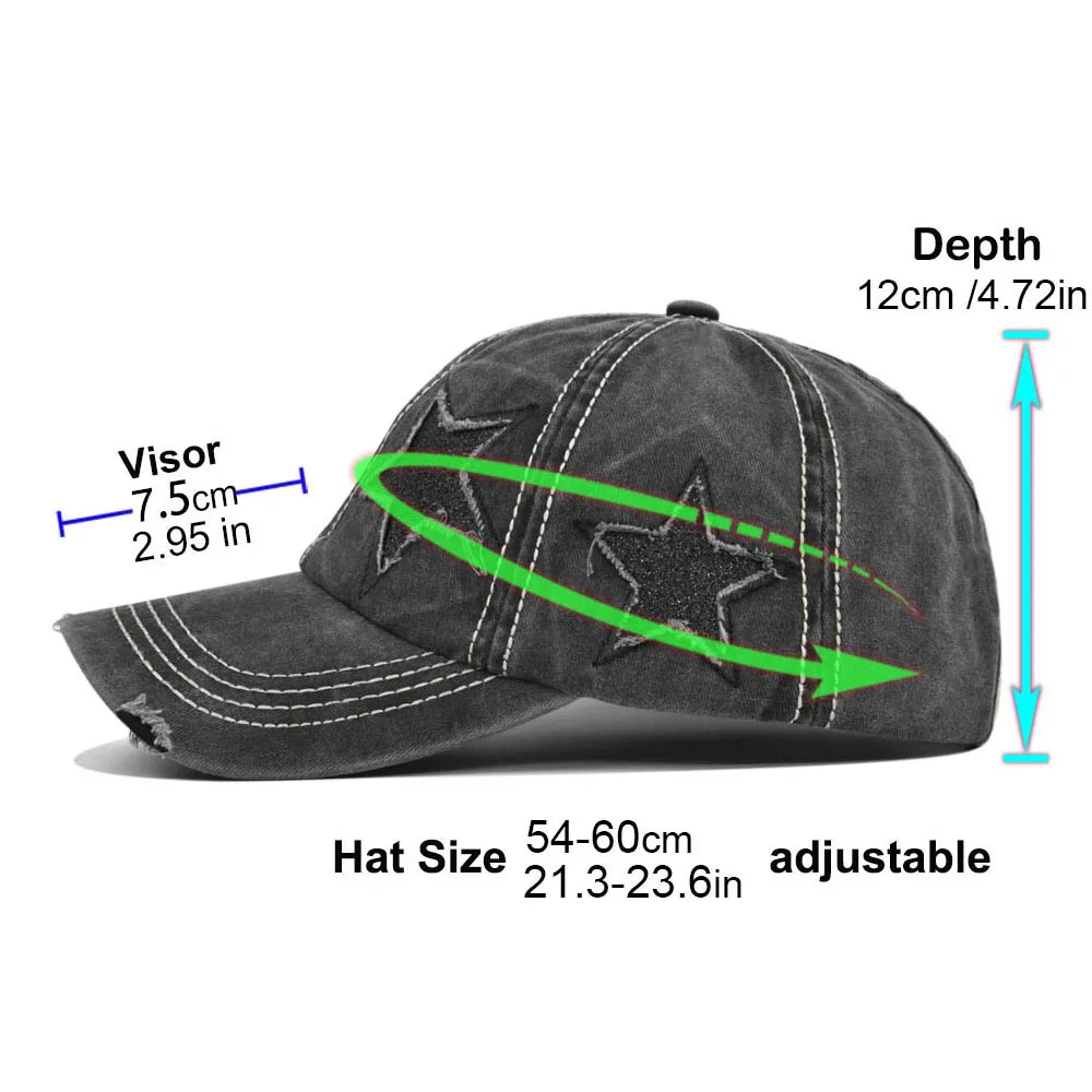 Women Ponytail Baseball Cap Washed Cotton Sun Hat Female Pentagram Sequins Hip Hop Snapback Hats Adjustable Sport Golf Hat Gorra